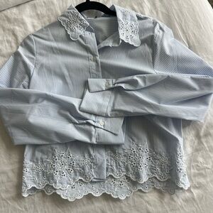 Light Blue Pinstripe Shirt with Eyelet Trim